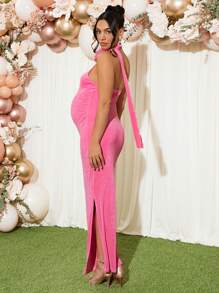 Loomaby Pregnant Women Solid Color 3D Floral Decor One-Shoulder Sleeveless Fitted Elegant Dress,Gender Reveal Dress,Baby Shower Dress - Pink - View 2