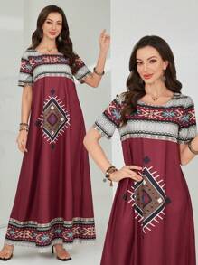 Lacomfia Spring/Summer Round Neck Loose Printed Casual Dress - Red - View 1
