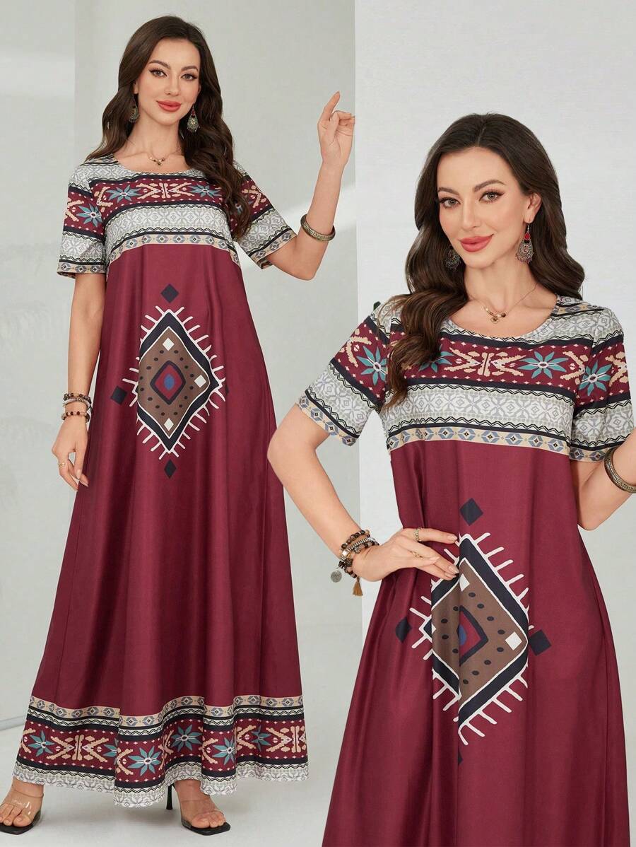 Lacomfia Spring/Summer Round Neck Loose Printed Casual Dress - Red - View 1