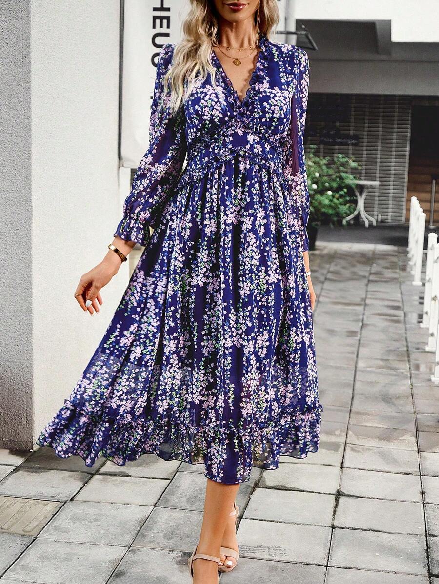 SHEIN Clasi Đầm Maxi Họa Tiết Hoa Nhỏ Gọn Tay Phồng Viền Xếp Ly Cho Kỳ Nghỉ Bãi Biển Nữ - Màu xanh lam - Xem 1