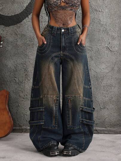 SHEIN ICON 女士拉链前口袋宽腿宽松休闲牛仔裤