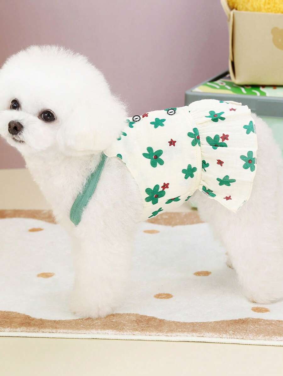 PETSIN 绿色春夏清新优雅花卉图案宠物纽扣连衣裙