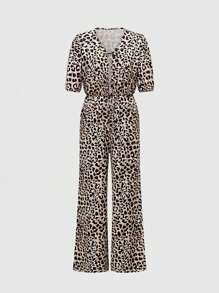 INAWLY Women's Summer Leopard Print Front Tie Puff Sleeve Loose Romper - Khaki - View 1