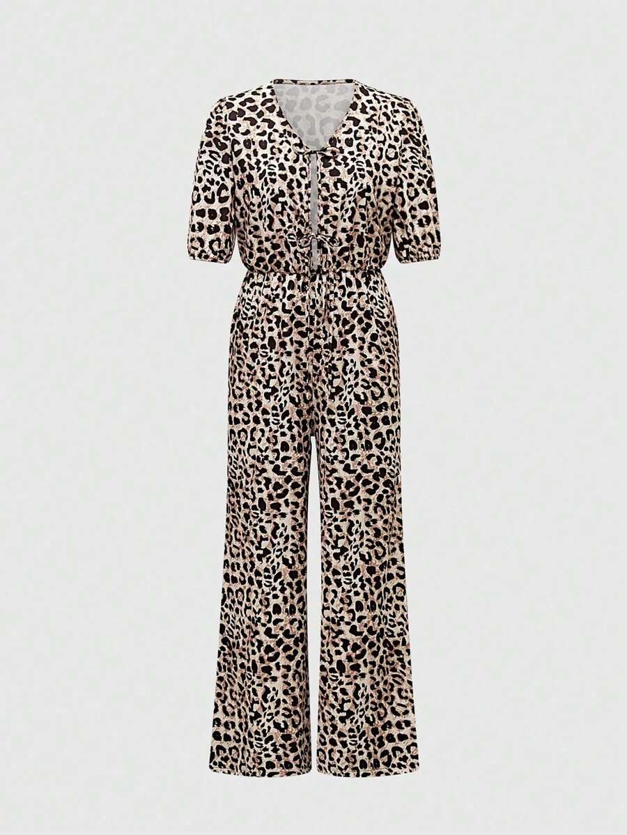 INAWLY Women's Summer Leopard Print Front Tie Puff Sleeve Loose Romper - Khaki - View 1