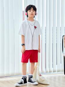 Tween Boy Summer Cute Casual Cartoon Print Round Neck Short Sleeve T-Shirt And Solid Color Shorts Set