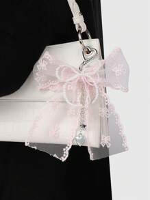 ROMWE Kawaii 1pc Korean Style Sweet & Delicate Versatile Simple High-Quality Handmade Beaded White Faux Pearl Crystal Net Yarn Embroidery Ribbon Bow Chain CCB Star Heart Pendant Keychain Bag Charm, Suitable For Women, Daily Wear, Festival Gift - Dusty Pink - View 2