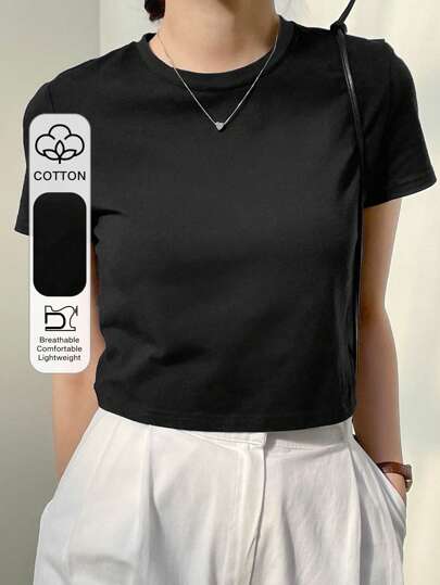 Dazy-Less Camiseta corta de cuello redondo de color sólido, tops de estilo preppy de verano, ropa casual de negocios para mujer