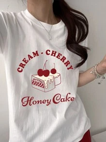 DAZY Women Summer Letter Cherry Printed Round Neck Short Sleeve Casual T-Shirt CREAMCHERRY Honey Cake Cute Tops,Graphic Tees