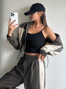 DAZY Conjunto de 2 piezas para mujer con chaqueta y pantalones con pespuntes en contraste, ropa de mujer para otoño - Gris Oscuro - Ver 4