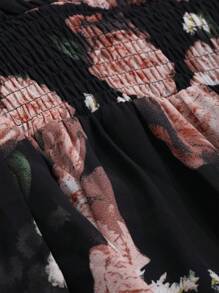 DAZY 女士V领全印花雪纺连衣裙，荷叶边，秋季长袖连衣裙，度假装扮 - 黑色 - 查看 9