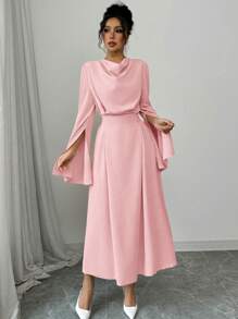 Elenzga Women Solid Color Ruffle Neck Split Flared Sleeve Dress, Elegant - Baby Pink - View 5