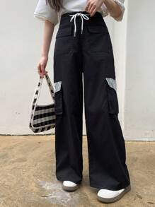 DAZY 女士蕾丝拼布工装口袋阔腿宽松休闲裤秋冬 - 黑色 - 查看 3