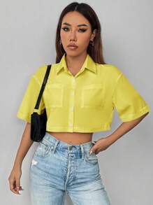 Chiquease 休闲纯色短款双口袋衬衫