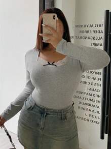 Dazy Petite Plus Plus Size Lace Patchwork Square Neck Fitted T-Shirt With Bow Decor, Gray, Spring/Summer/Autumn Long Sleeve Women Tops,Fall Women Clothes - Grey - View 5