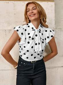 Solivie 黑白波点蝴蝶结领盖袖修身女式衬衫女式夏季服装乡村服装女式夏季服装