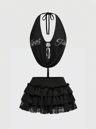 Kawaii Y2K Sexy Minirock mit Kristall-Verzierungen, tiefem Ausschnitt, ultraknapp, tiefer Taille und Kreuzrückenband, 2-teiliges Set