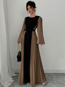 Elenzga 女式优雅撞色褶皱喇叭袖连衣裙，适合秋季长款女装 - 彩色 - 查看 3