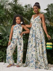 SHEIN Leap Crew Tween Girls Vacation Casual Floral Halter Top & Wide Leg Pants Set, Mommy And Me Matching Outfits (2 Sets Sold Separately) - Green - View 1