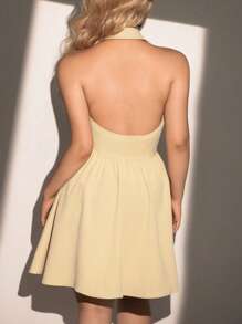 Flirla Women's Solid Color Lapel Neck Single-Breasted Sleeveless Dress