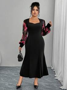 Modelyn Plus Size Woven Fabric Patchwork Waist Design Long Sleeve Dress - Black - View 5