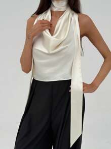 Aloruh 女士杏色优雅女神伴娘婚礼派对约会浪漫度假飘逸深V露背性感上衣，夏季 - 杏色 - 查看 4