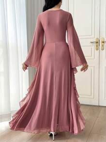 Modelyn Women's Long Ruffled Bell Sleeve Elastic Elegant Romantic Mesh Dress