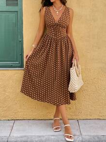 Breezaya V-Neck Ruched Waist Polka Dot Midi Dress, Fashion Versatile Sleeveless Flowy Dress For Women - Multicolor - View 6