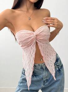 SHEIN LUNE Áo crop top Bandeau cho nữ, áo hai dây ren hở lưng gợi cảm, thiết kế dây đeo vai hở vai theo phong cách cổ điển, ôm vừa vặn, màu hồng mùa hè - Hồng - Xem 1