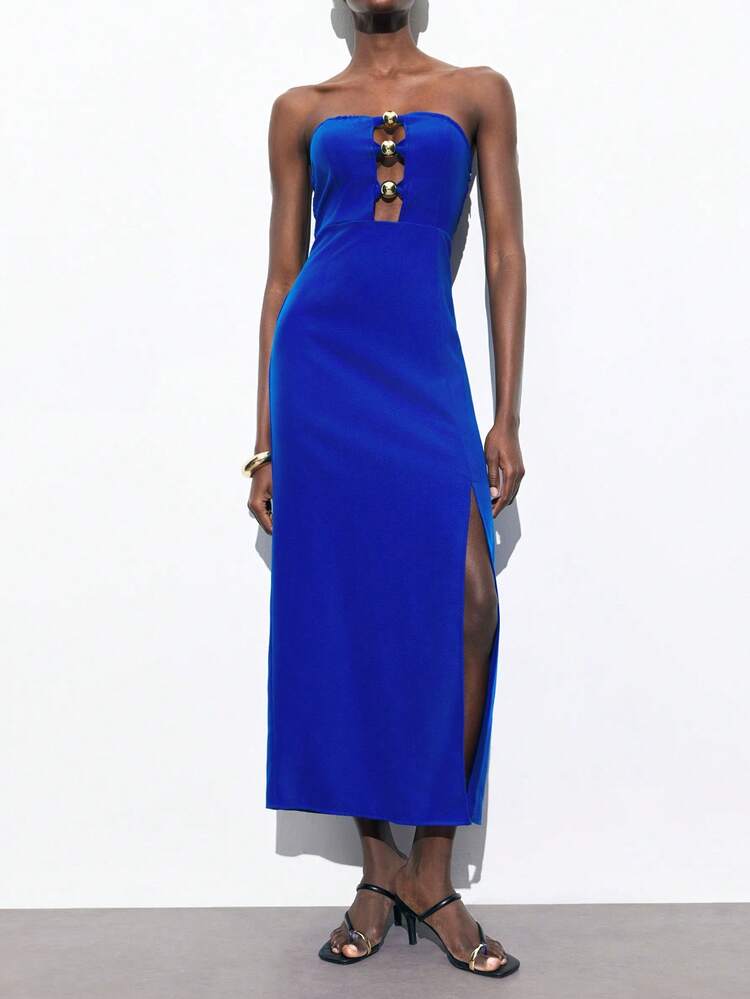 SHEIN Maija Vestido tubo negro elegante y casual de estilo urbano chic, con la cintura ceñida y decoración dorada redonda, adecuado para festivales de música, vacaciones en la playa, uso casual diario, escapadas románticas en la ciudad, eventos, bodas y graduaciones