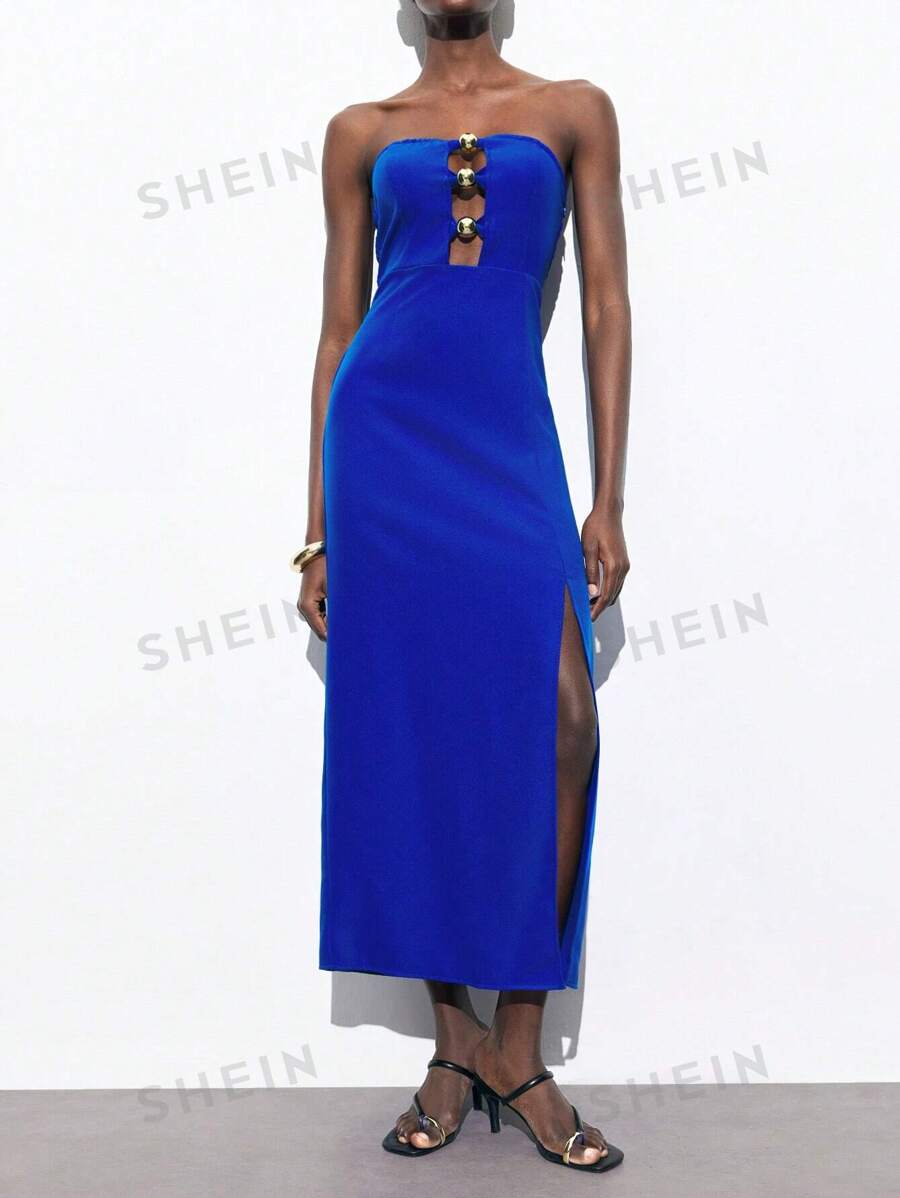 Maija Vestido tubo negro elegante y casual de estilo urbano chic, con la cintura ceñida y decoración dorada redonda, adecuado para festivales de música, vacaciones en la playa, uso casual diario, escapadas románticas en la ciudad, eventos, bodas y graduaciones - azul real - Ver 1