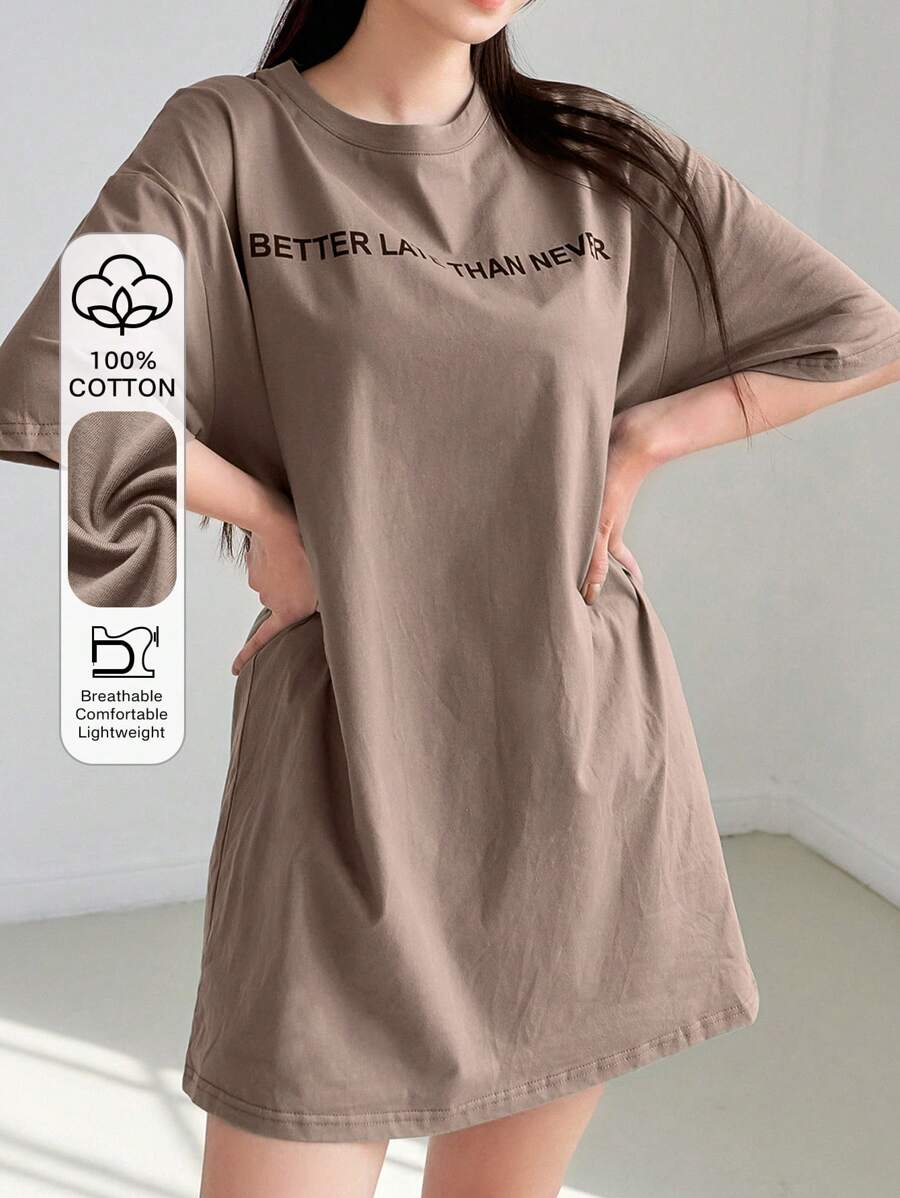 DAZY Slogan Graphic Drop Shoulder Tee Dress Sundress,Casual Women Dresses - Khaki - View 1