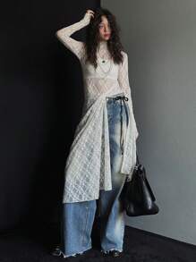 DAZY 女式高领蕾丝透视长开叉下摆衬衫，白色，春夏节日透明长袖女式上衣 - 白色 - 查看 3