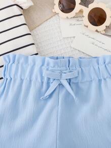 Baby Girl Striped Crew Neck Cap Sleeve Top And Shorts Casual Set - Blue and White - View 8