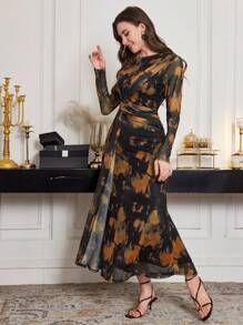 Modelyn Women's Elegant Tie-Dyed Printed Twist Waist Dress