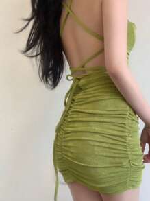 DAZY Women's Solid Color Backless Sexy Dress Homecoming Summer Sundress Easter - Green - View 2