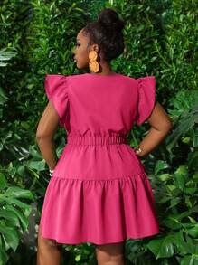 Slaydiva New Casual Resort Round Neck & V-Neck Ruffle Trim Elasticated Waist Bow Decor Multi-Layered Flare Hem A-Line Mini Dress, Green, Plus Size - M