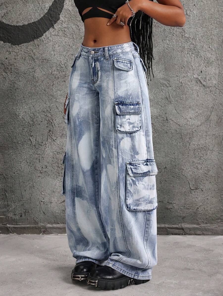 SHEIN ICON Quần Jeans Denim Ống Rộng Túi Hộp Thường Ngày Cho Nữ - Màu xanh lam - Xem 1