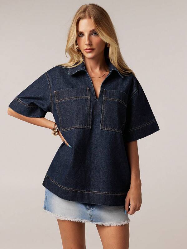 Forever 21 New V-Neck Rolled Sleeve Washed Blue Denim Casual Loose High Street Blouse For Women, Summer