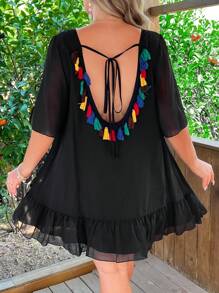 Flirla 节日、波西米亚风、嬉皮士、女牛仔、老钱风格休闲海滩度假露背流苏迷你连衣裙 - 黑色 - 查看 1