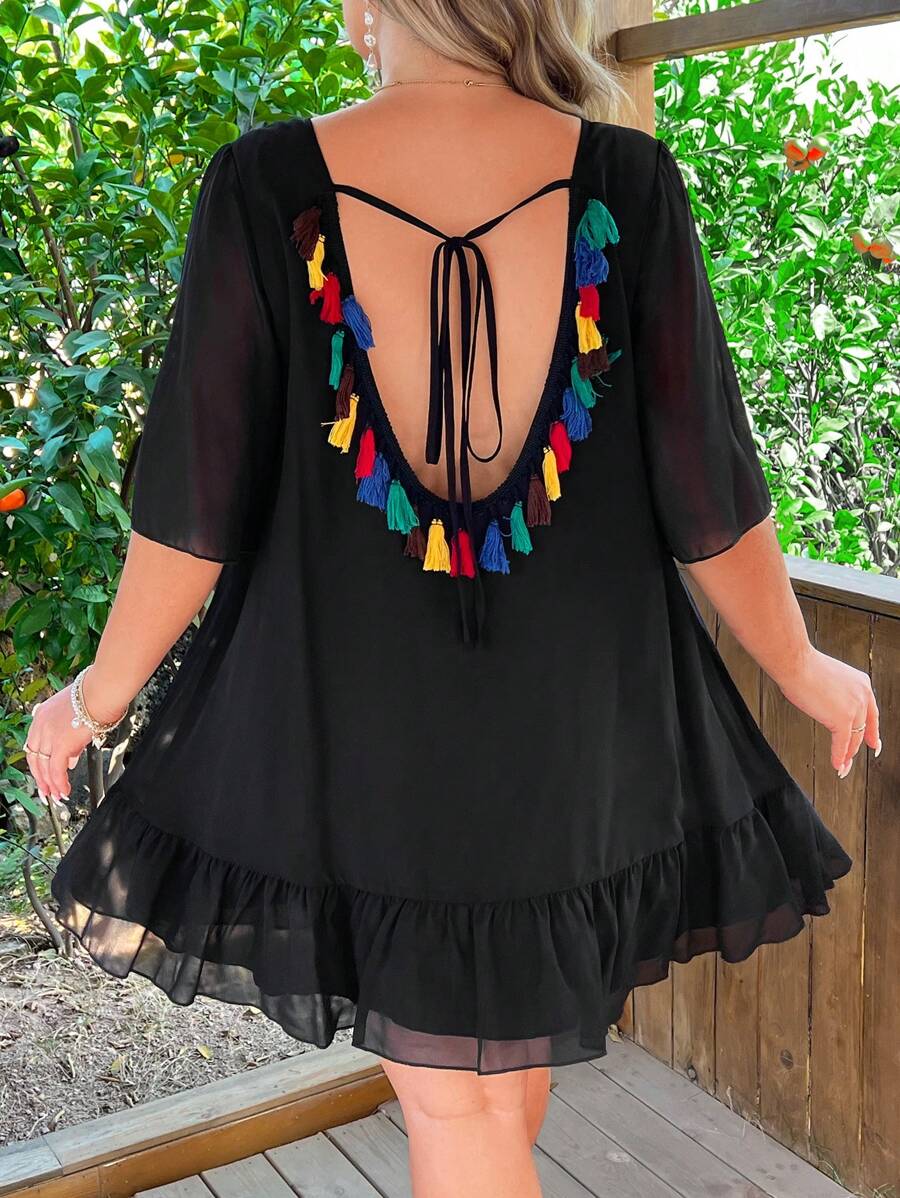 Flirla 节日、波西米亚风、嬉皮士、女牛仔、老钱风格休闲海滩度假露背流苏迷你连衣裙 - 黑色 - 查看 1
