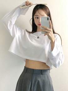 DAZY Solid Drop Shoulder Crop Tee,Fall Clothes Preppy Tops Long Sleeve Women Tops - White - View 5