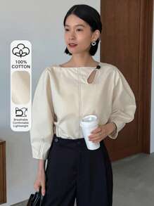 FRIFUL 镂空不对称领灯笼袖长袖女式衬衫