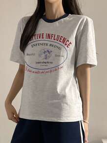 DAZY 女士拼色标语印花圆领短袖 T 恤图案 T 恤