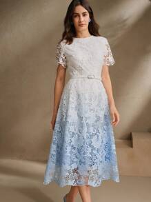 Anewsta Váy ôm body midi ren chuyển màu cho nữ, cổ tròn tay ngắn, phù hợp cho mùa xuân/hè, bãi biển, kỳ nghỉ, thanh lịch - Màu xanh nhạt - Xem 7