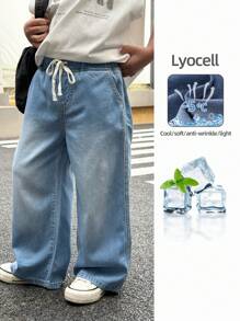 SHEIN 男童休闲简约抽绳腰破洞宽松蓝色牛仔裤，儿童春夏服装春假穿搭 - 淺色水洗藍 - 查看 7