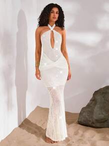 Opulessa Women Halter Backless Solid Color Dress, Fitted,Vacation Outfits Woman,Sundresses For Vacation,Beach Vacation Outfits,Tropical Vacation Woman Clothes,Summer Outfits For Women,Sundress,Backless Dress,Maxi Dresses, - White - View 2