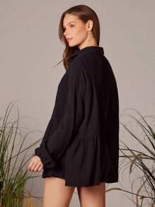 WESTFADE Conjunto de 2 piezas de vacaciones de primavera con camisa ancha abotonada con volantes y shorts con cordón y lazo frontal a media cintura con volantes