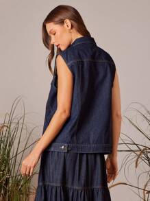 WESTFADE Collared Button Front Boxy Fit Trucker Denim Vest Top