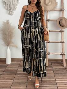 SHEIN Clasi Plus Size Women Geometric Print Sleeveless Loose Flattering Wide Leg Jumpsuit For Summer Vacation - Multicolor - View 8