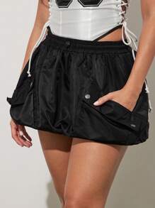 Denimoi Minifalda cortavientos con dobladillo de burbuja y cintura con cordón - Negro - Ver 3